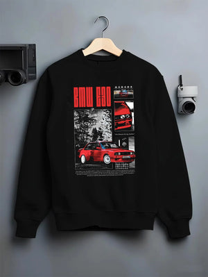 Black crewneck sweatshirt on a hanger against a grey wall, featuring BMW rs turbo racing drift motorsport euro german graphic.