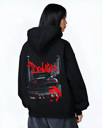 Black hoodie worn by a female model, back view, featuring BMW rs turbo racing drift motorsport euro german street retro e28cls.