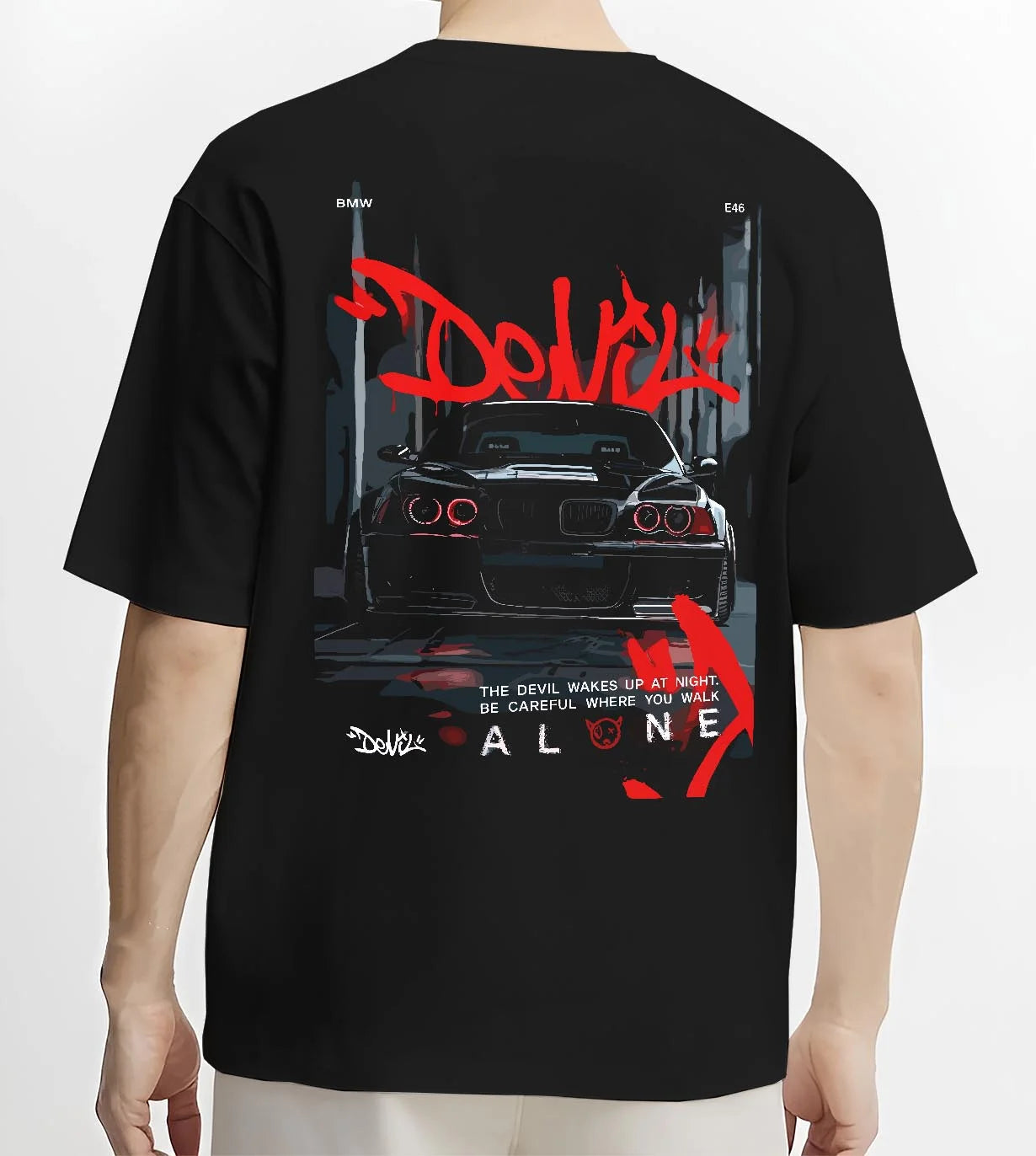 Black T-shirt worn by a male model, back view, featuring BMW rs turbo racing drift motorsport euro german street retro e28cls.