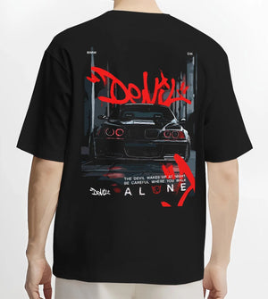 Black T-shirt worn by a male model, back view, featuring BMW rs turbo racing drift motorsport euro german street retro e28cls.