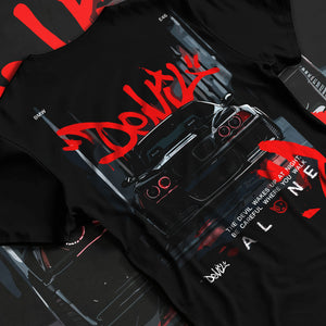 Black T-shirt laid flat with natural fabric folds, featuring BMW rs turbo racing drift motorsport euro german street retro e28cls.