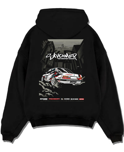Black pullover hoodie laid flat on a white background, featuring BMW rs turbo racing drift motorsport euro german street e28s5r.