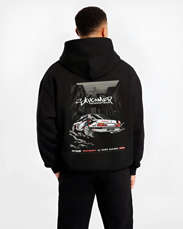 Black hoodie worn by a male model, back view, featuring BMW rs turbo racing drift motorsport euro german street retro e28s5r.
