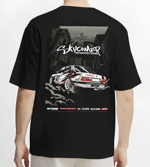 Black T-shirt worn by a male model, back view, featuring BMW rs turbo racing drift motorsport euro german street retro e28s5r.