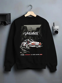 Black crewneck sweatshirt on a hanger against a grey wall, featuring BMW rs turbo racing drift motorsport euro german e28s5r.