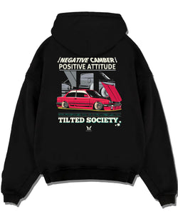 Black pullover hoodie laid flat on a white background, featuring BMW E30 rs turbo racing drift motorsport jdm euro street graphic.