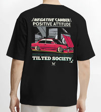 Black T-shirt worn by a male model, back view, featuring BMW E30 rs turbo racing drift motorsport jdm euro street retro graphic.