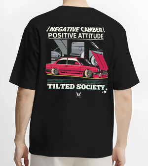 Black T-shirt worn by a male model, back view, featuring BMW E30 rs turbo racing drift motorsport jdm euro street retro graphic.