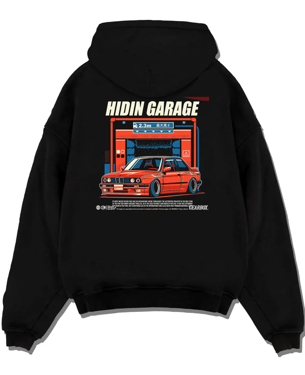 Black pullover hoodie laid flat on a white background, featuring BMW E30 racing drift jdm euro street retro classic graphic.