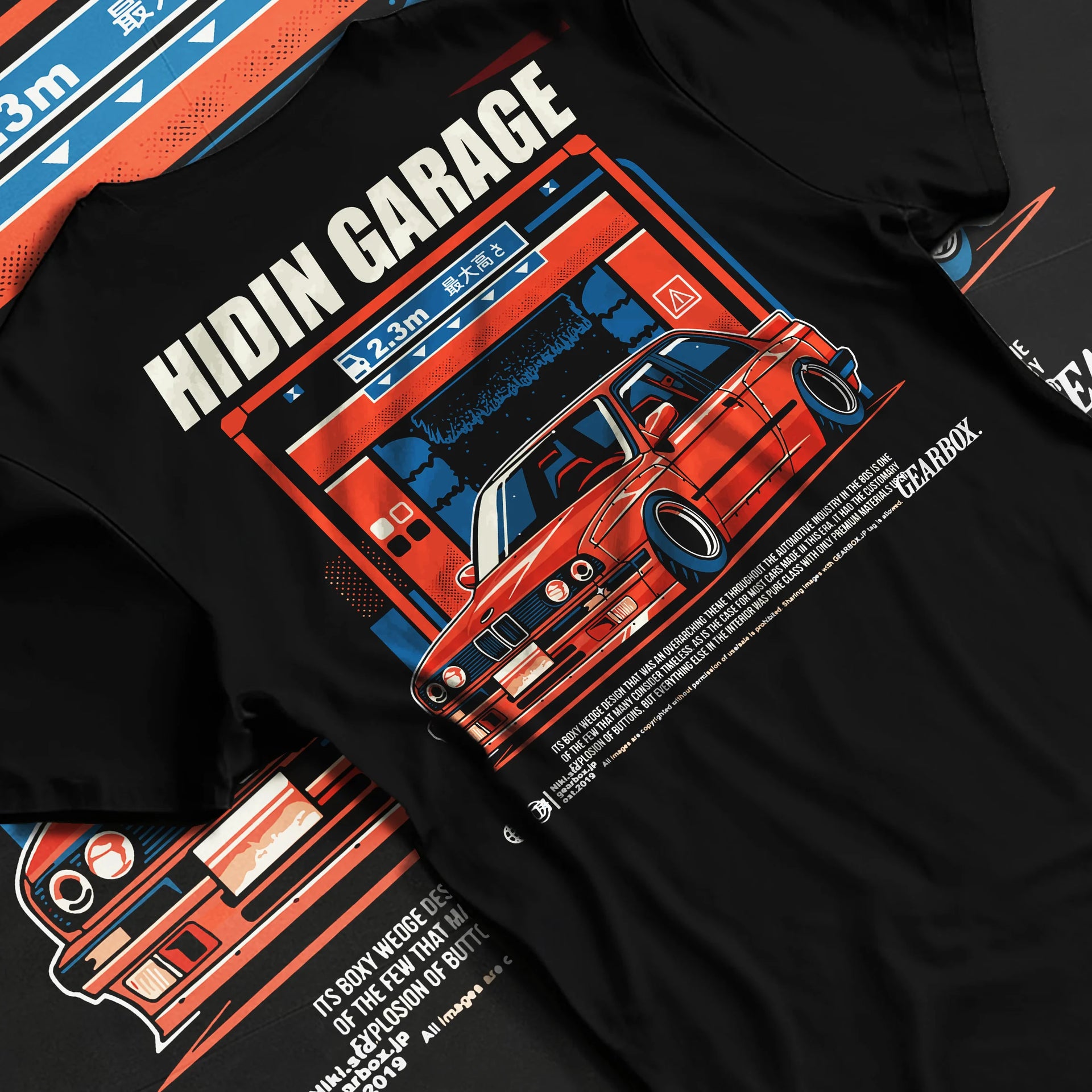 Black T-shirt laid flat with natural fabric folds, featuring BMW E30 racing drift jdm euro street retro classic graphic.