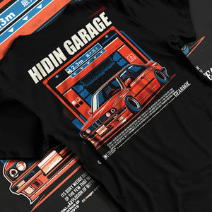 Black T-shirt laid flat with natural fabric folds, featuring BMW E30 racing drift jdm euro street retro classic graphic.