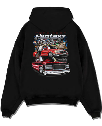 Black pullover hoodie laid flat on a white background, featuring BMW E30 jdm japanese retro vintage classic enthusiast graphic.