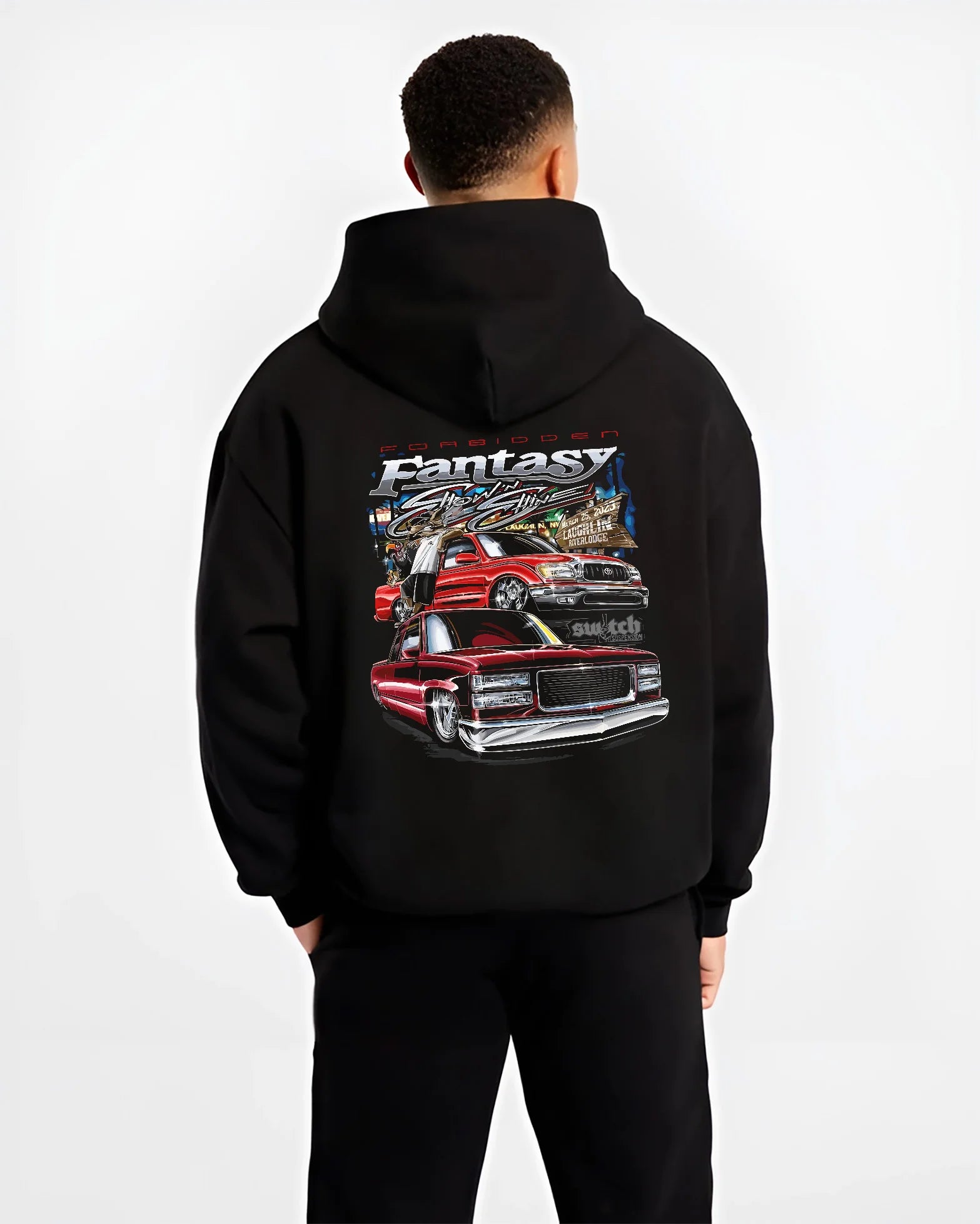 Black hoodie worn by a male model, back view, featuring BMW E30 jdm japanese retro vintage classic enthusiast graphic.