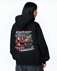 Black hoodie worn by a female model, back view, featuring BMW E30 jdm japanese retro vintage classic enthusiast graphic.