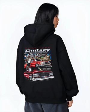 Black hoodie worn by a female model, back view, featuring BMW E30 jdm japanese retro vintage classic enthusiast graphic.