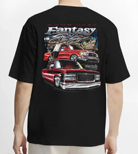 Black T-shirt worn by a male model, back view, featuring BMW E30 jdm japanese retro vintage classic enthusiast graphic.