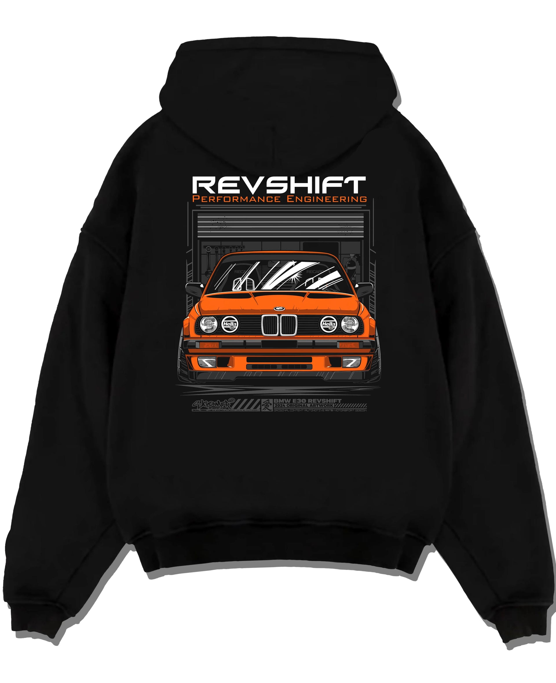 Black pullover hoodie laid flat on a white background, featuring BMW E30 rs motorsport street vintage classic racing graphic.