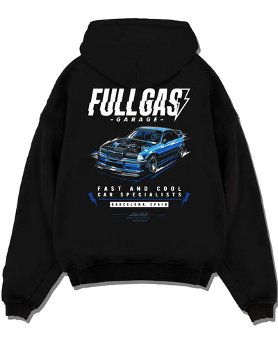 Black pullover hoodie laid flat on a white background, featuring BMW E36 rs racing drift motorsport jdm euro tuner street graphic.