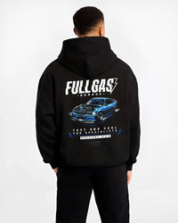 Black hoodie worn by a male model, back view, featuring BMW E36 rs racing drift motorsport jdm euro tuner street retro graphic.