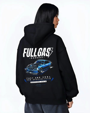 Black hoodie worn by a female model, back view, featuring BMW E36 rs racing drift motorsport jdm euro tuner street retro graphic.