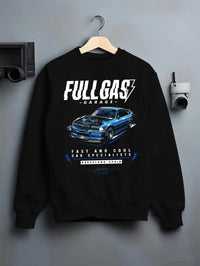 Black crewneck sweatshirt on a hanger against a grey wall, featuring BMW E36 rs racing drift motorsport jdm euro tuner graphic.