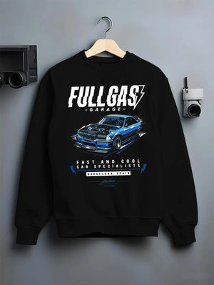 Black crewneck sweatshirt on a hanger against a grey wall, featuring BMW E36 rs racing drift motorsport jdm euro tuner graphic.