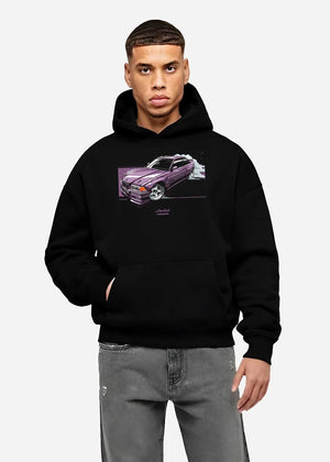 Black hoodie worn by a male model, front view, featuring BMW E36 rs turbo racing drift motorsport jdm euro street graphic.