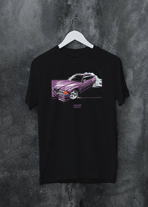 Black crewneck T-shirt on a hanger against a grey wall, featuring BMW E36 rs turbo racing drift motorsport jdm euro street graphic.