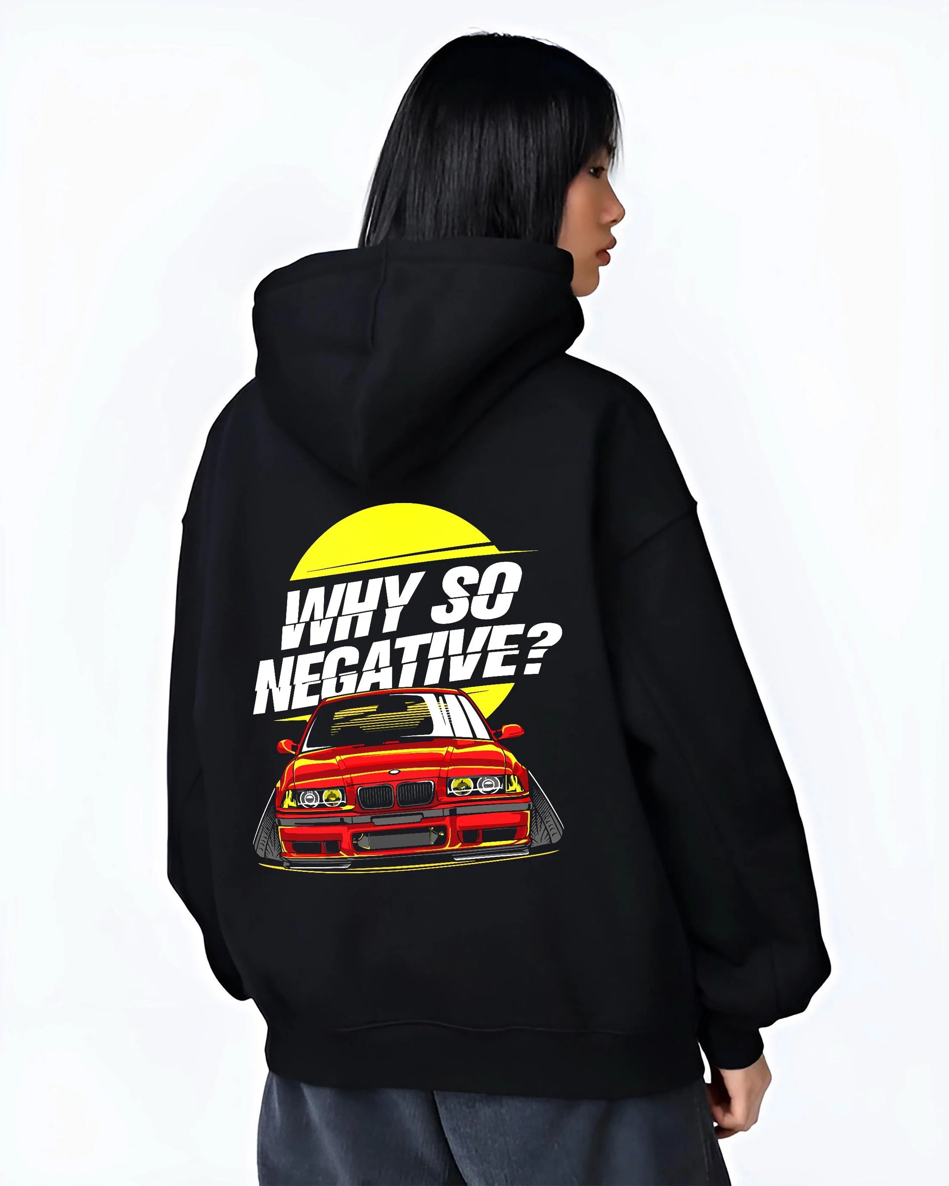 Black hoodie worn by a female model, back view, featuring BMW rs turbo racing drift motorsport euro german street classic graphic.