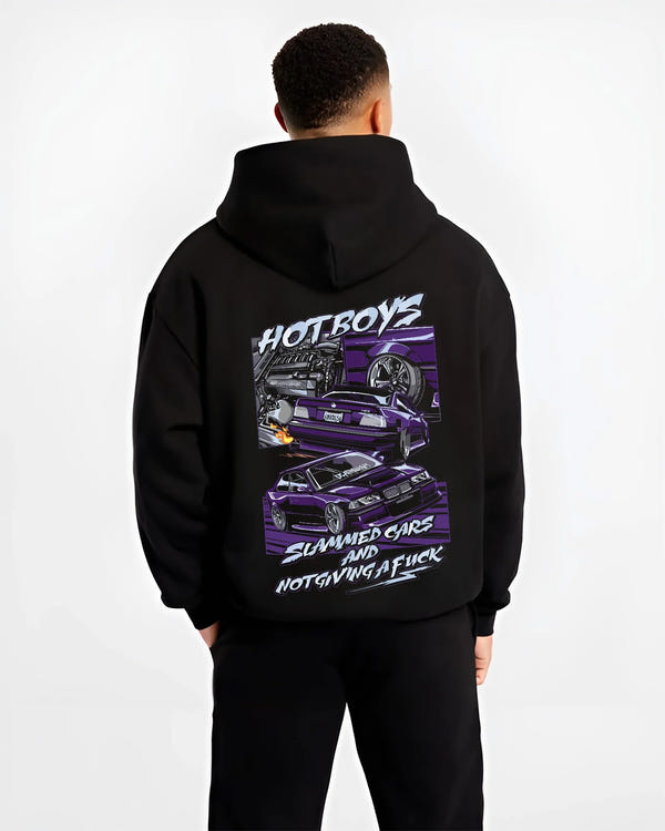 Black hoodie worn by a male model, back view, featuring BMW M3 rs turbo racing drift motorsport euro german street graphic.