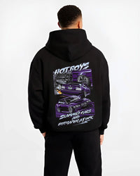 Black hoodie worn by a male model, back view, featuring BMW M3 rs turbo racing drift motorsport euro german street graphic.