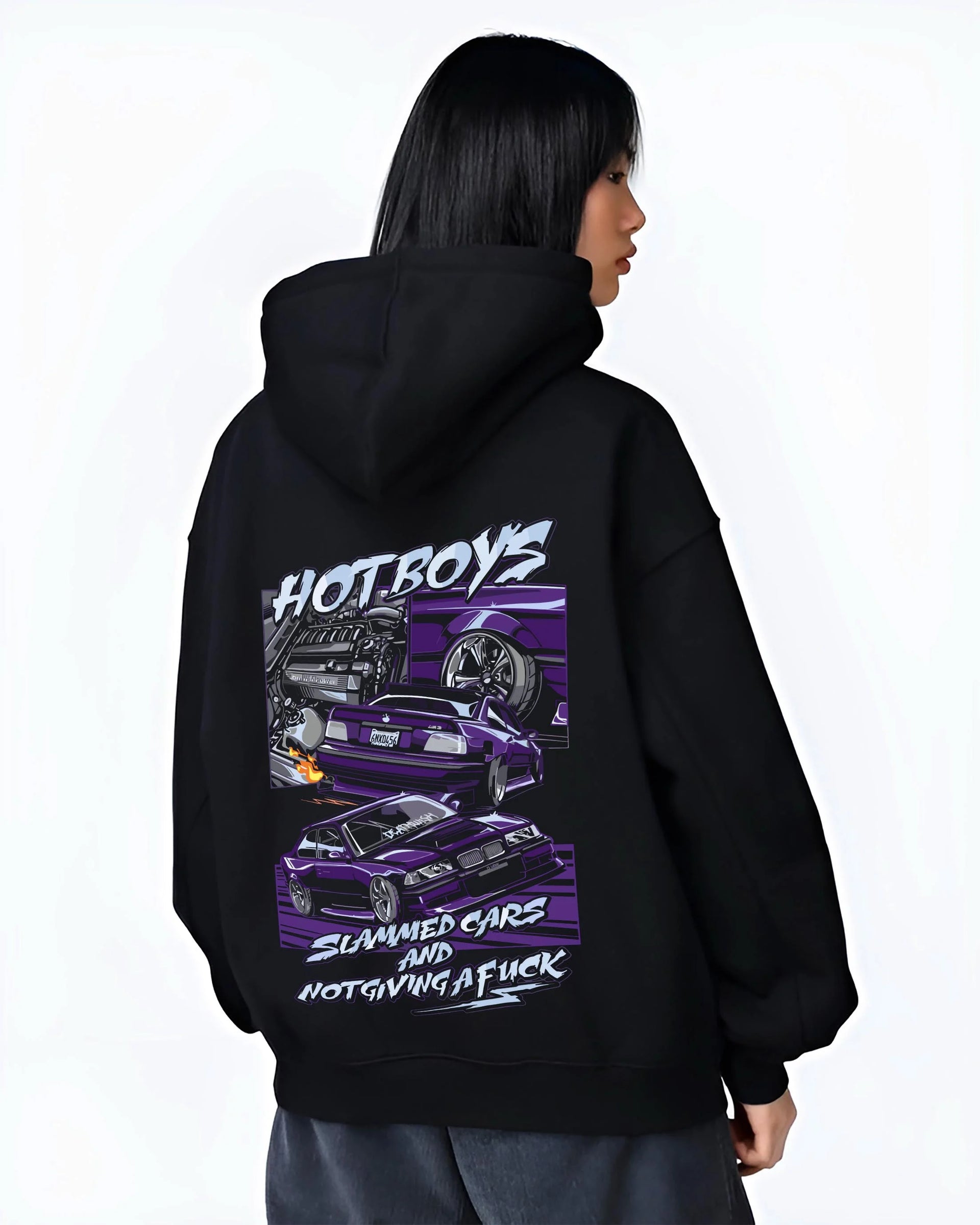 Black hoodie worn by a female model, back view, featuring BMW M3 rs turbo racing drift motorsport euro german street graphic.