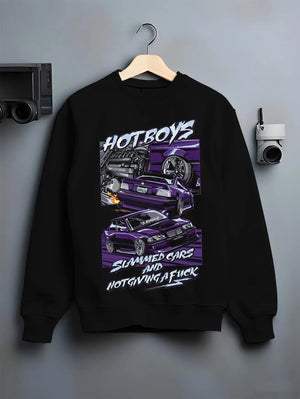 Black crewneck sweatshirt on a hanger against a grey wall, featuring BMW M3 rs turbo racing drift motorsport euro german graphic.