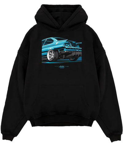 Black pullover hoodie laid flat on a white background, featuring BMW M3 rs turbo v8 racing drift motorsport german street graphic.