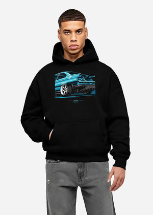 Black hoodie worn by a male model, front view, featuring BMW M3 rs turbo v8 racing drift motorsport german street graphic.