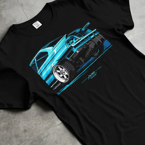 Black T-shirt laid flat with natural fabric folds, featuring BMW M3 rs turbo v8 racing drift motorsport german street graphic.