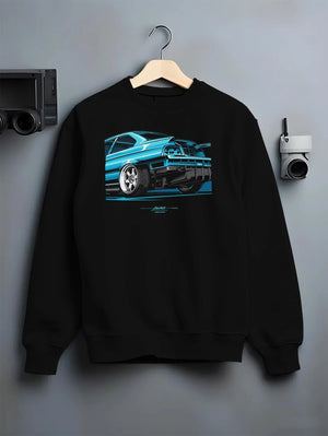 Black crewneck sweatshirt on a hanger against a grey wall, featuring BMW M3 rs turbo v8 racing drift motorsport german graphic.