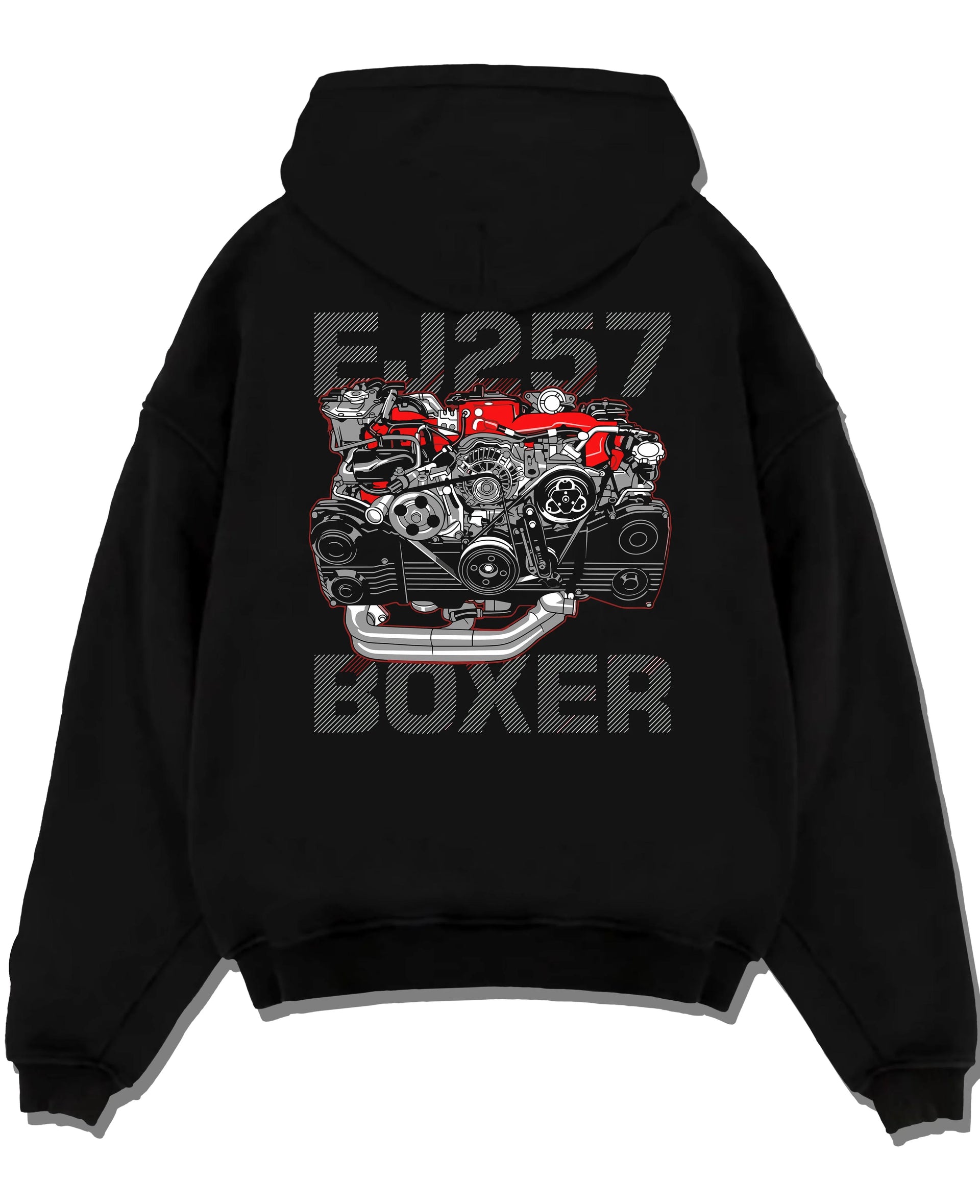 Black pullover hoodie laid flat on a white background, featuring Subaru turbo turbocharged racing rally jdm japanese tuner graphic.