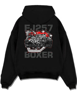 Black pullover hoodie laid flat on a white background, featuring Subaru turbo turbocharged racing rally jdm japanese tuner graphic.