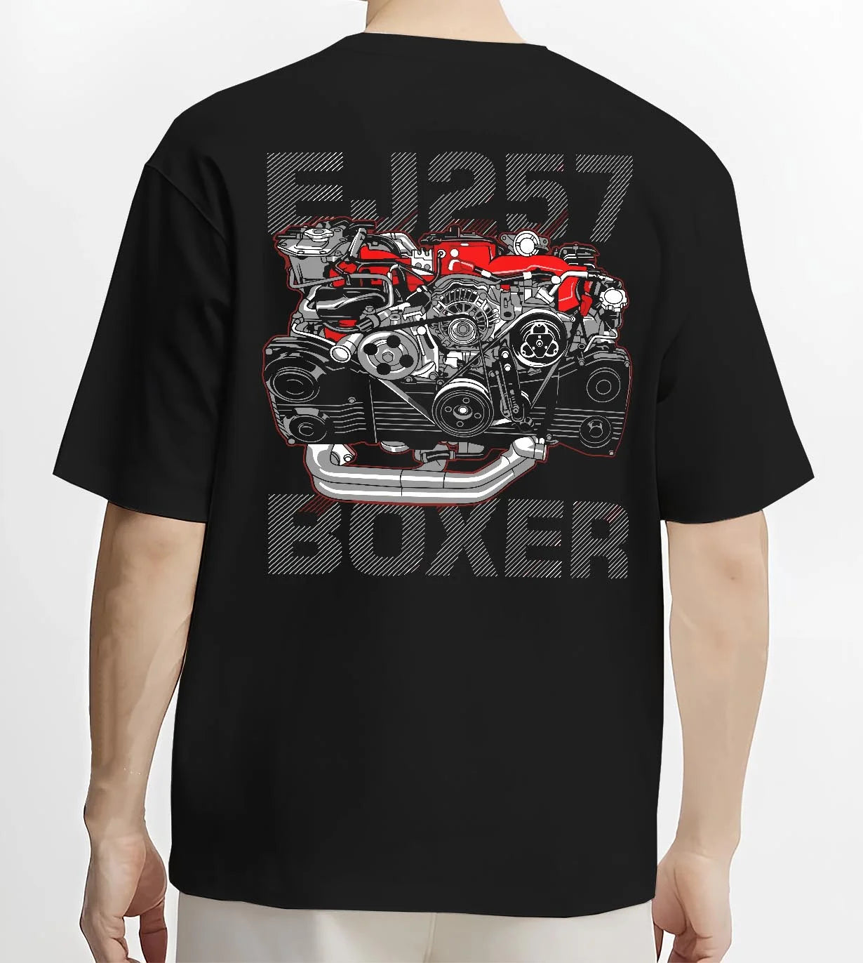 Black T-shirt worn by a male model, back view, featuring Subaru turbo turbocharged racing rally jdm japanese tuner power graphic.