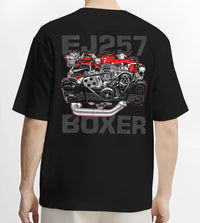 Black T-shirt worn by a male model, back view, featuring Subaru turbo turbocharged racing rally jdm japanese tuner power graphic.