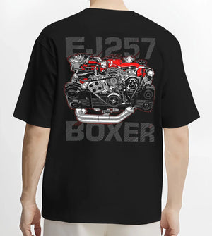 Black T-shirt worn by a male model, back view, featuring Subaru turbo turbocharged racing rally jdm japanese tuner power graphic.