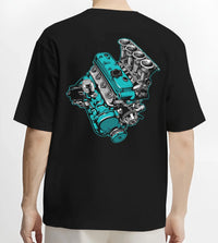 Black T-shirt worn by a male model, back view, featuring tuning racing street performance motorsport automotive enthusiast graphic.