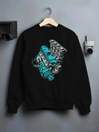 Black crewneck sweatshirt on a hanger against a grey wall, featuring tuning racing street performance motorsport automotive graphic.