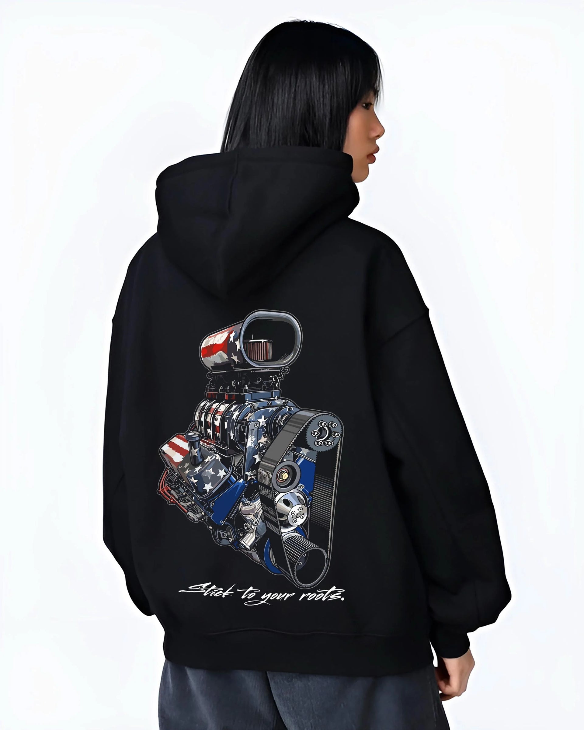 Black hoodie worn by a female model, back view, featuring v8 american muscle retro classic enthusiast racing street graphic.