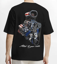 Black T-shirt worn by a male model, back view, featuring v8 american muscle retro classic enthusiast racing street graphic.