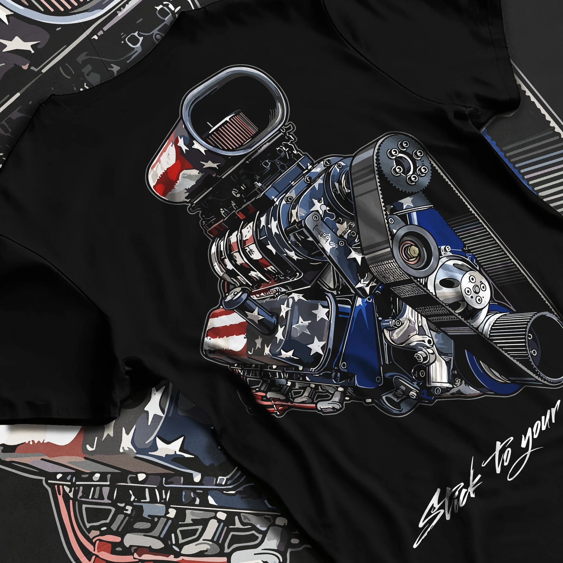 Black T-shirt laid flat with natural fabric folds, featuring v8 american muscle retro classic enthusiast racing street graphic.