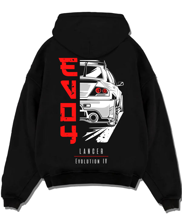 Black pullover hoodie laid flat on a white background, featuring Mitsubishi EVO turbo racing drift track jdm street graphic.
