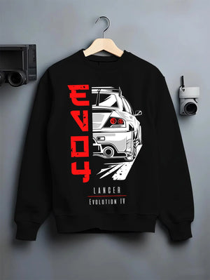 Black crewneck sweatshirt on a hanger against a grey wall, featuring Mitsubishi EVO turbo racing drift track jdm street graphic.