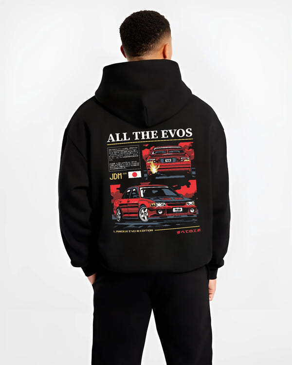 Black hoodie worn by a male model, back view, featuring Mitsubishi Lancer Evo III evo lancer turbo jdm legend racing graphic.